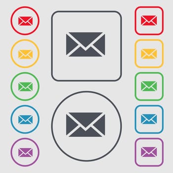 Mail, Envelope, Message icon sign. symbol on the Round and square buttons with frame. illustration