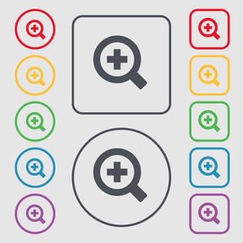 Magnifier glass, Zoom tool icon sign. symbol on the Round and square buttons with frame. illustration