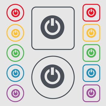 Power, Switch on, Turn on icon sign. symbol on the Round and square buttons with frame. illustration
