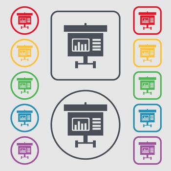 Graph icon sign. Symbols on the Round and square buttons with frame. illustration