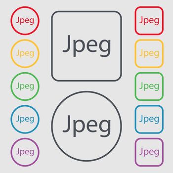 File JPG sign icon. Download image file symbol. Symbols on the Round and square buttons with frame. illustration