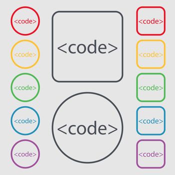 Code sign icon. Programming language symbol. Symbols on the Round and square buttons with frame. illustration