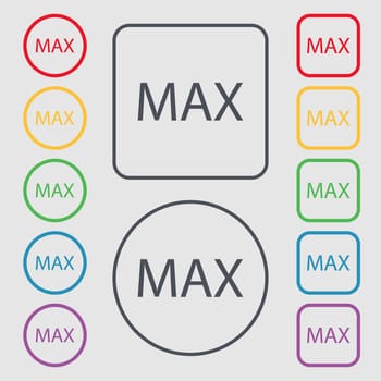 maximum sign icon. Symbols on the Round and square buttons with frame. illustration