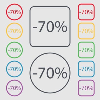 70 percent discount sign icon. Sale symbol. Special offer label. Symbols on the Round and square buttons with frame. illustration