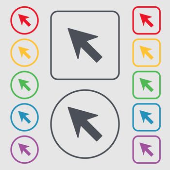 Cursor, arrow icon sign. Symbols on the Round and square buttons with frame. illustration