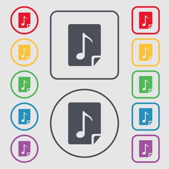 Audio, MP3 file icon sign. Symbols on the Round and square buttons with frame. illustration