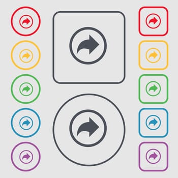 Arrow right, Next icon sign. symbol on the Round and square buttons with frame. illustration