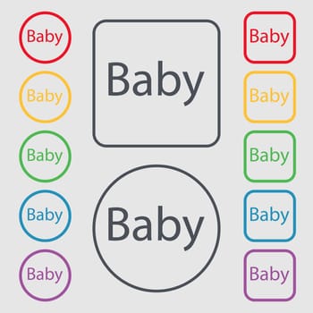 Baby on board sign icon. Infant in car caution symbol. Baby pacifier nipple. Symbols on the Round and square buttons with frame. illustration