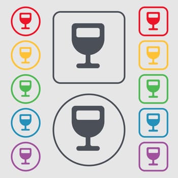 Wine glass, Alcohol drink icon sign. symbol on the Round and square buttons with frame. illustration