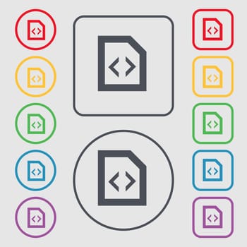 Programming code icon sign. symbol on the Round and square buttons with frame. illustration