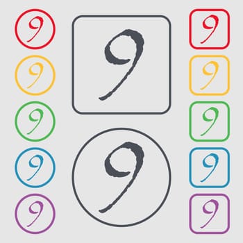 number Nine icon sign. Symbols on the Round and square buttons with frame. illustration