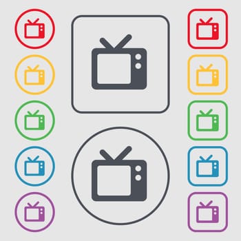 Retro TV icon sign. symbol on the Round and square buttons with frame. illustration