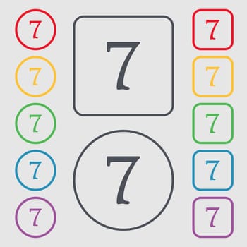 number seven icon sign. Symbols on the Round and square buttons with frame. illustration