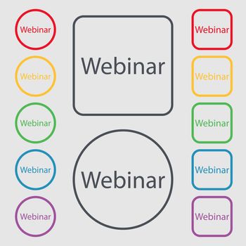 Webinar web camera sign icon. Online Web-study symbol. Symbols on the Round and square buttons with frame. illustration