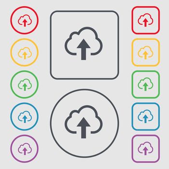 Upload from cloud icon sign. symbol on the Round and square buttons with frame. illustration