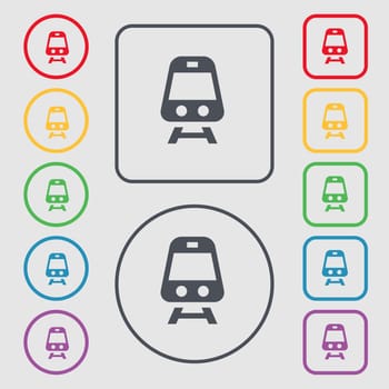 Train icon sign. symbol on the Round and square buttons with frame. illustration