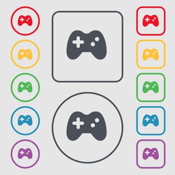 Joystick icon sign. symbol on the Round and square buttons with frame. illustration