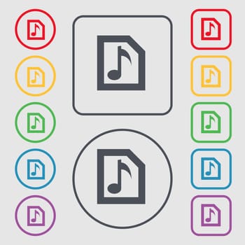 Audio, MP3 file icon sign. symbol on the Round and square buttons with frame. illustration