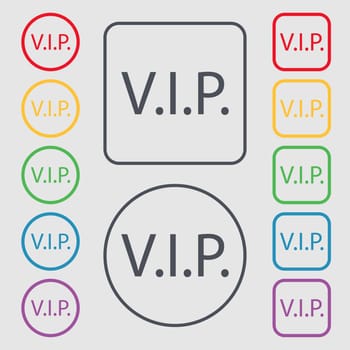 Vip sign icon. Membership symbol. Very important person. Symbols on the Round and square buttons with frame. illustration