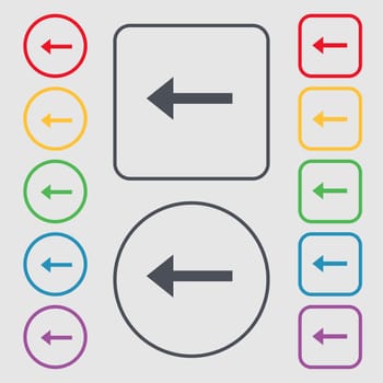 Arrow left, Way out icon sign. symbol on the Round and square buttons with frame. illustration