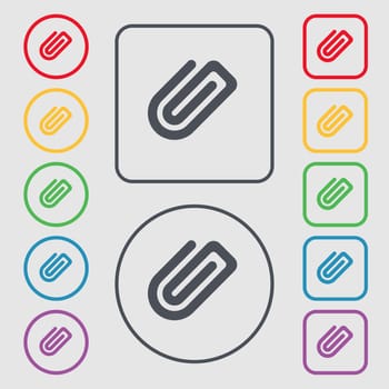 Paper Clip icon sign. symbol on the Round and square buttons with frame. illustration