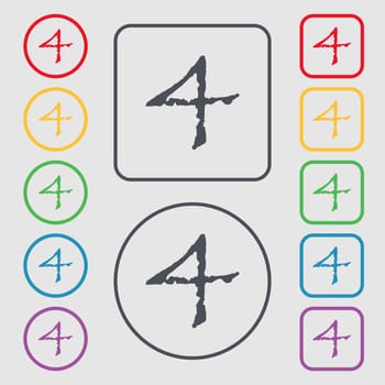 number four icon sign. Symbols on the Round and square buttons with frame. illustration