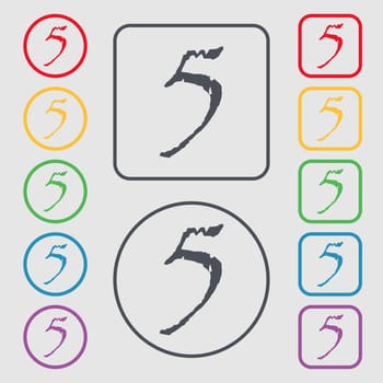 number five icon sign. Symbols on the Round and square buttons with frame. illustration