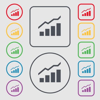 Growth and development concept. graph of Rate icon sign. symbol on the Round and square buttons with frame. illustration