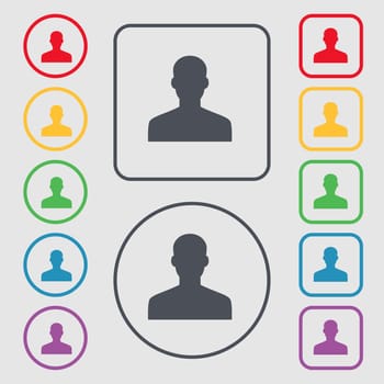 User, Person, Log in icon sign. symbol on the Round and square buttons with frame. illustration