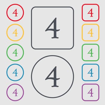 number four icon sign. Symbols on the Round and square buttons with frame. illustration