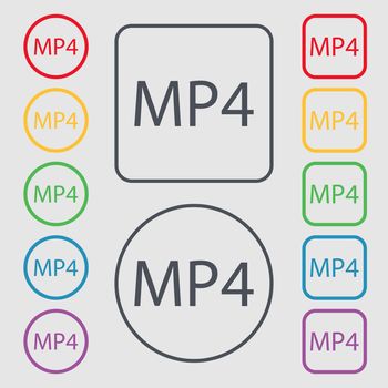 Mpeg4 video format sign icon. symbol. Symbols on the Round and square buttons with frame. illustration