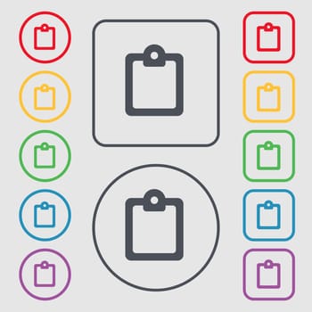 Text file icon sign. symbol on the Round and square buttons with frame. illustration