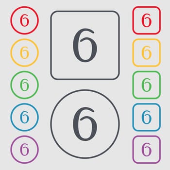 number six icon sign. Symbols on the Round and square buttons with frame. illustration