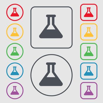Conical Flask icon sign. symbol on the Round and square buttons with frame. illustration