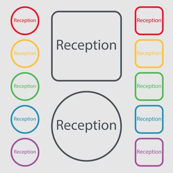 Reception sign icon. Hotel registration table symbol. Symbols on the Round and square buttons with frame. illustration