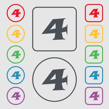 number four icon sign. Symbols on the Round and square buttons with frame. illustration