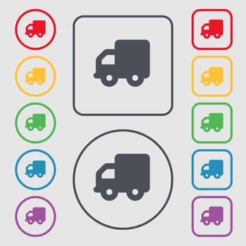 Delivery truck icon sign. symbol on the Round and square buttons with frame. illustration
