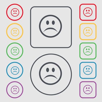 Sad face, Sadness depression icon sign. symbol on the Round and square buttons with frame. illustration