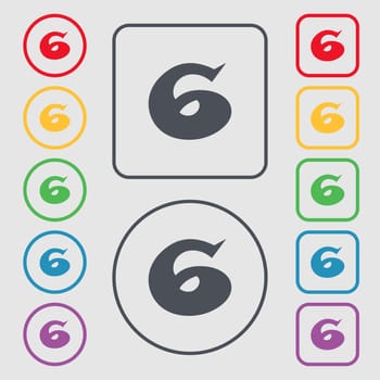 number six icon sign. Symbols on the Round and square buttons with frame. illustration