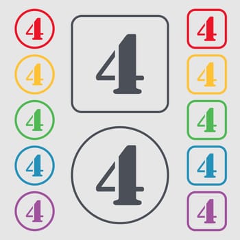 number four icon sign. Symbols on the Round and square buttons with frame. illustration