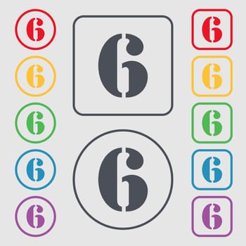 number six icon sign. Symbols on the Round and square buttons with frame. illustration