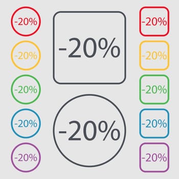 20 percent discount sign icon. Sale symbol. Special offer label. Symbols on the Round and square buttons with frame. illustration