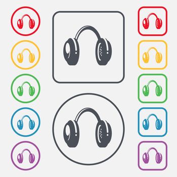 headsets icon sign. symbol on the Round and square buttons with frame. illustration