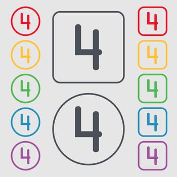 number four icon sign. Symbols on the Round and square buttons with frame. illustration