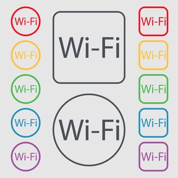 Free wifi sign. Wi-fi symbol. Wireless Network icon. Symbols on the Round and square buttons with frame. illustration