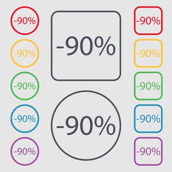 90 percent discount sign icon. Sale symbol. Special offer label. Symbols on the Round and square buttons with frame. illustration
