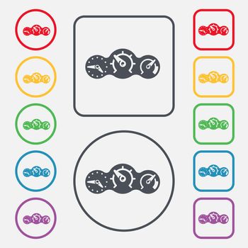speed, speedometer icon sign. symbol on the Round and square buttons with frame. illustration