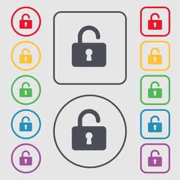 Open Padlock icon sign. symbol on the Round and square buttons with frame. illustration