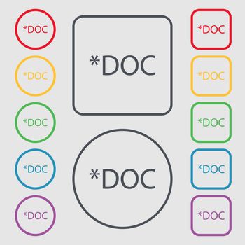 File document icon. Download doc button. Doc file extension symbol. Symbols on the Round and square buttons with frame. illustration