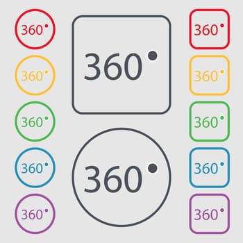 Angle 360 degrees sign icon. Geometry math symbol. Full rotation. Symbols on the Round and square buttons with frame. illustration